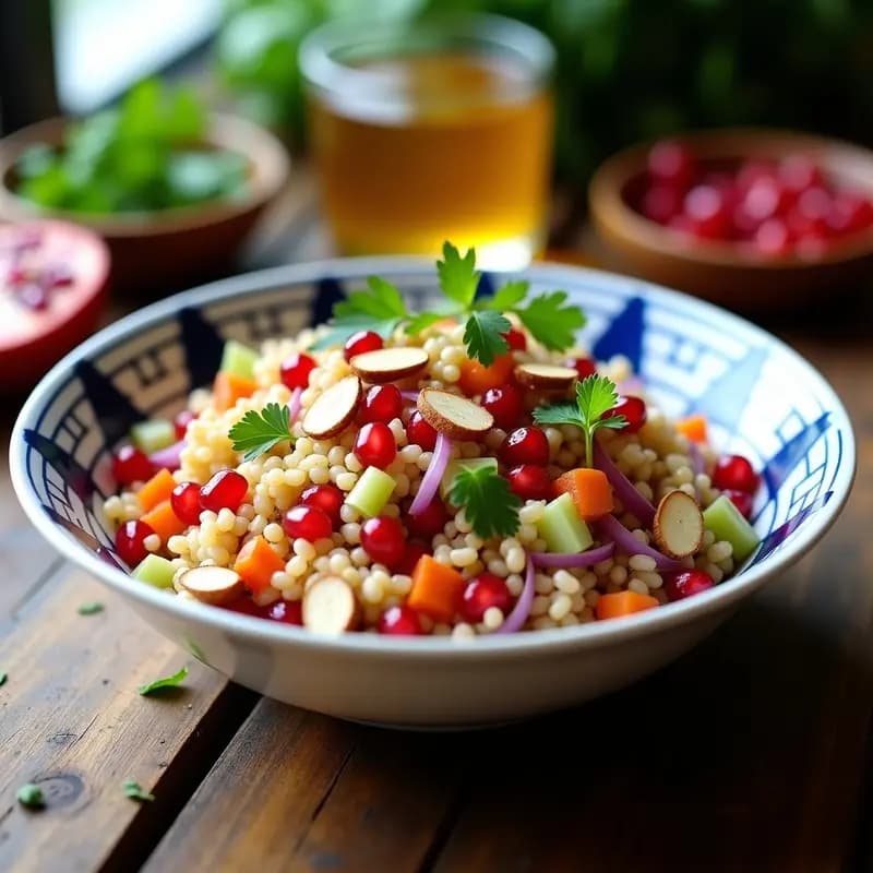 Ensalada de couscous de trigo integral y granadas marroquí vegana, servida en un bol de barro con semillas de granada rojas brillantes, almendras fileteadas doradas y hierbas frescas verdes, sobre un mantel de lino blanco.