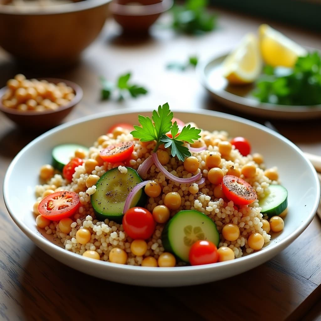Ensalada fresca de couscous integral con garbanzos dorados asados, tomate cherry, pepino, cebolla morada y perejil, espolvoreada con zaatar. Receta árabe express y sin horno.