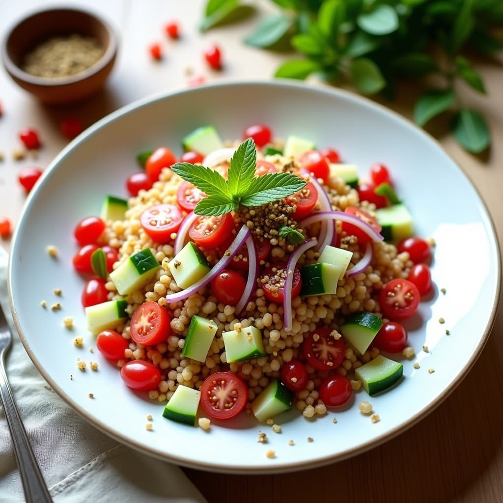 Ensalada fresca de cuscús integral con semillas de granada rojas brillantes, pepino verde, tomates cherry y hierbas frescas, espolvoreada con zaatar sobre un plato blanco rústico.