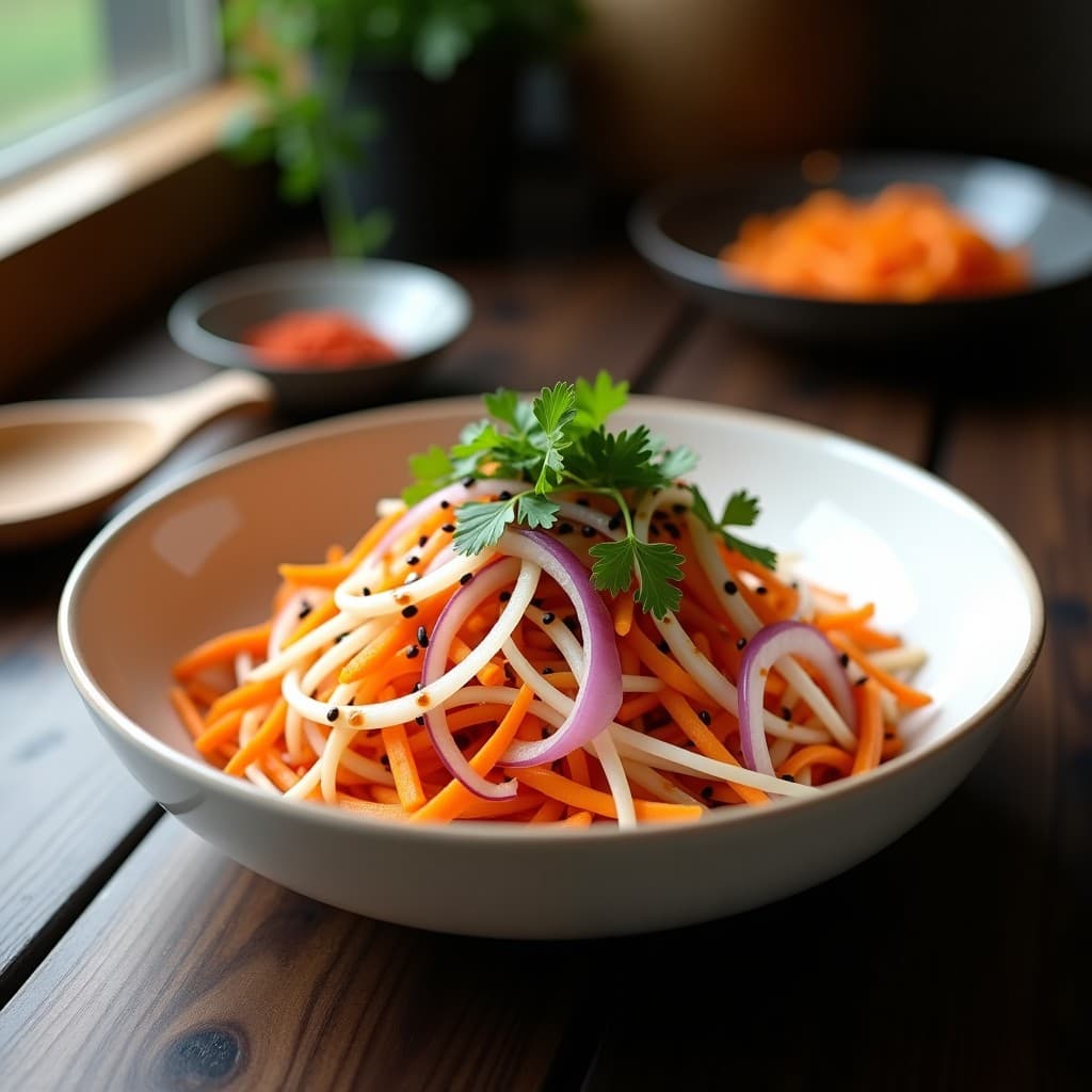 Ensalada de Rábanos Daikon y Zanahoria con Aderezo de Sésamo Negro: Receta Coreana en 10 Minutos