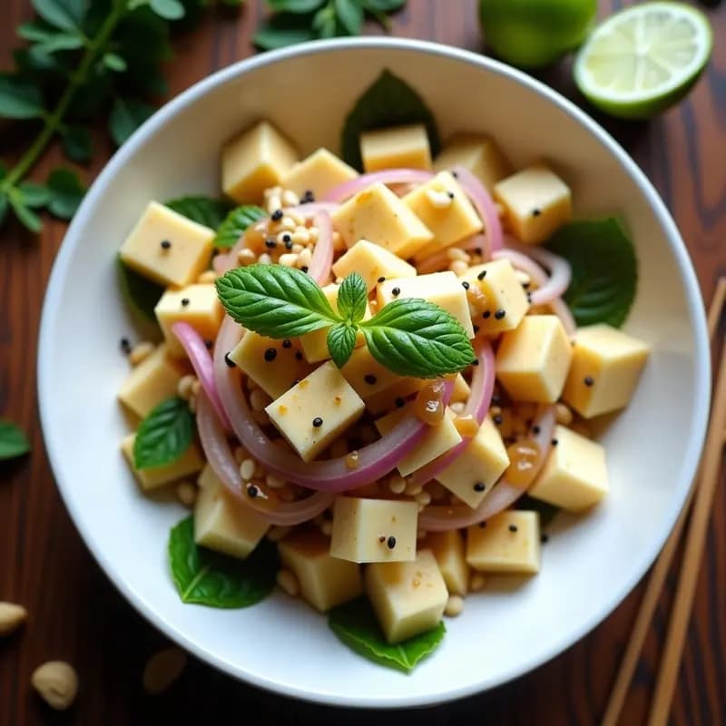 Ensalada tailandesa de durian y cacahuetes en bol de cerámica blanca, con pulpa de durian cremosa, cacahuetes tostados dorados, cebolla morada en juliana, hojas de menta fresca y semillas de sésamo negro. Vinagreta brillante y rodaja de lima como decoración.