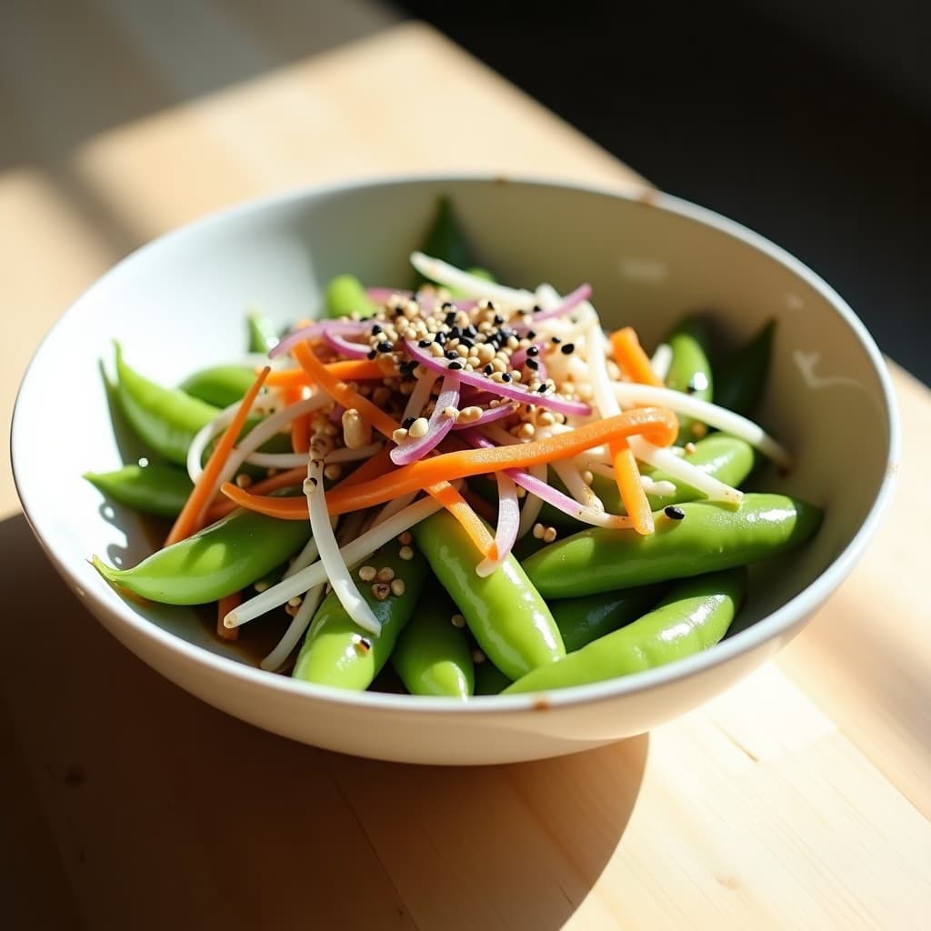 Ensalada japonesa vegana en bol de cerámica blanca con edamame verde brillante, brotes de queres verdes, juliana de pepino, zanahoria morada y cebolla morada. Vinagreta de sésamo y jengibre vertida por encima, decorada con semillas de sésamo negro y copos de alga nori. Plato fresco y colorido sobre fondo de madera clara.