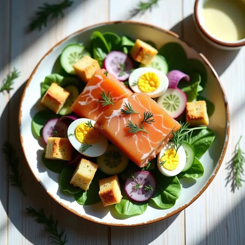 Ensalada alemana de Eiweissbrot tostado en cubos dorados, salmón marinado desmenuzado, huevo duro en cuartos, pepino, cebolla morada y rúcula, con aderezo de yogur griego y eneldo fresco. Plato fresco y alto en proteína.