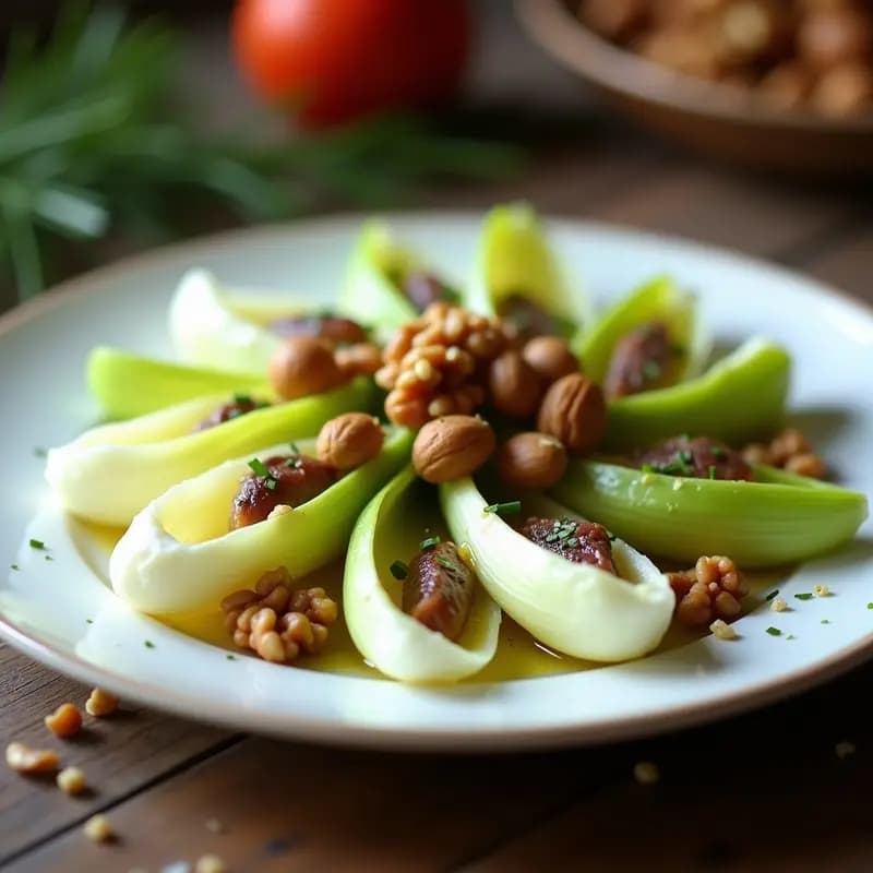 Ensalada de endibias frescas cortadas en cuartos, con filetes de anchoas en aceite, nueces enteras y troceadas, bañada en vinagreta de limón y miel. Presentación elegante en plato blanco sobre mesa rústica de madera, ideal como entrante navideño.