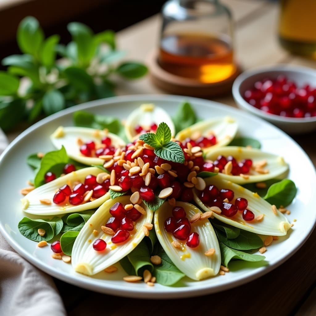 Ensalada fresca de endibias blancas y moradas con granos de granada rojos brillantes, almendras tostadas y hojas de menta, bañada en vinagreta de vinagre de sidra. Plato servido en fuente de cerámica rústica sobre fondo de madera clara.