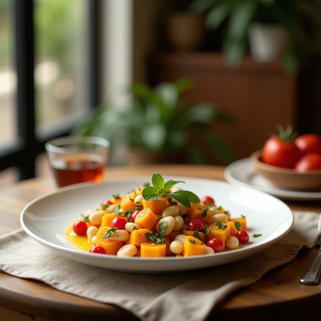 Plato blanco ovalado con ensalada de endibias frescas, semillas de granada rojas brillantes y gajos de naranja sanguina, bañada con vinagreta dorada y decorada con almendras tostadas y hojas de menta. Receta francesa crudivegana de ensalada de endibias y granadas con vinagreta de naranja sanguina.