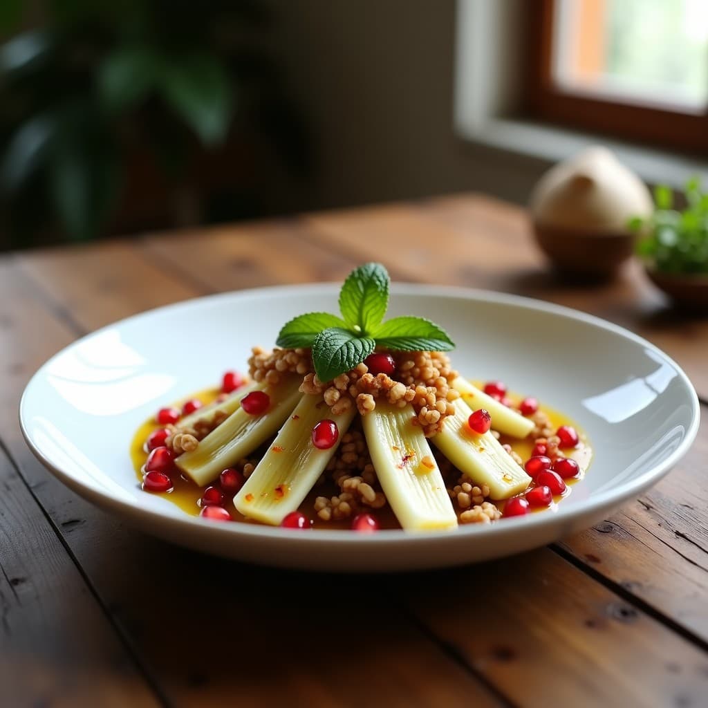 Plato blanco ovalado con ensalada de endibias cortadas en cuartos, semillas de granado rojas brillantes y nueces tostadas picadas, decorado con hojas de menta fresca y un hilo de vinagreta dorada. Receta gourmet de ensalada de endibias con granados y nueces.