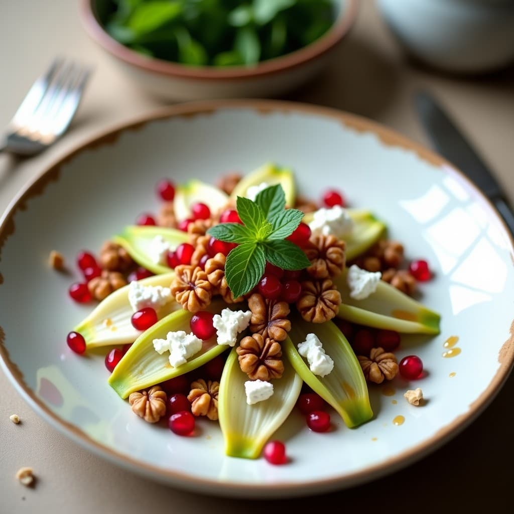 Ensalada de Endibias con Nueces y Vinagreta de Granada: Receta Francesa Ligera y Elegante