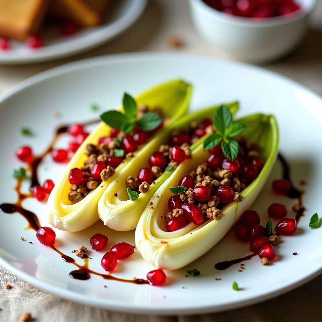 Ensalada elegante de endivias belgas cortadas en cuartos, granos de granada rojos vibrantes, nueces pecanas tostadas y vinagreta de Módena, decorada con hojas de menta fresca y cebollino picado sobre una fuente de cerámica blanca.