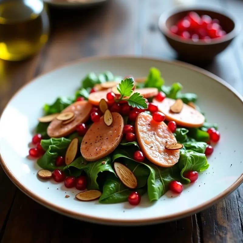 Ensalada catalana de invierno con hojas de escarola crujientes, granos de granada rojos brillantes, trozos de anchoas y almendras tostadas, servida en un plato blanco rústico con vinagreta dorada.