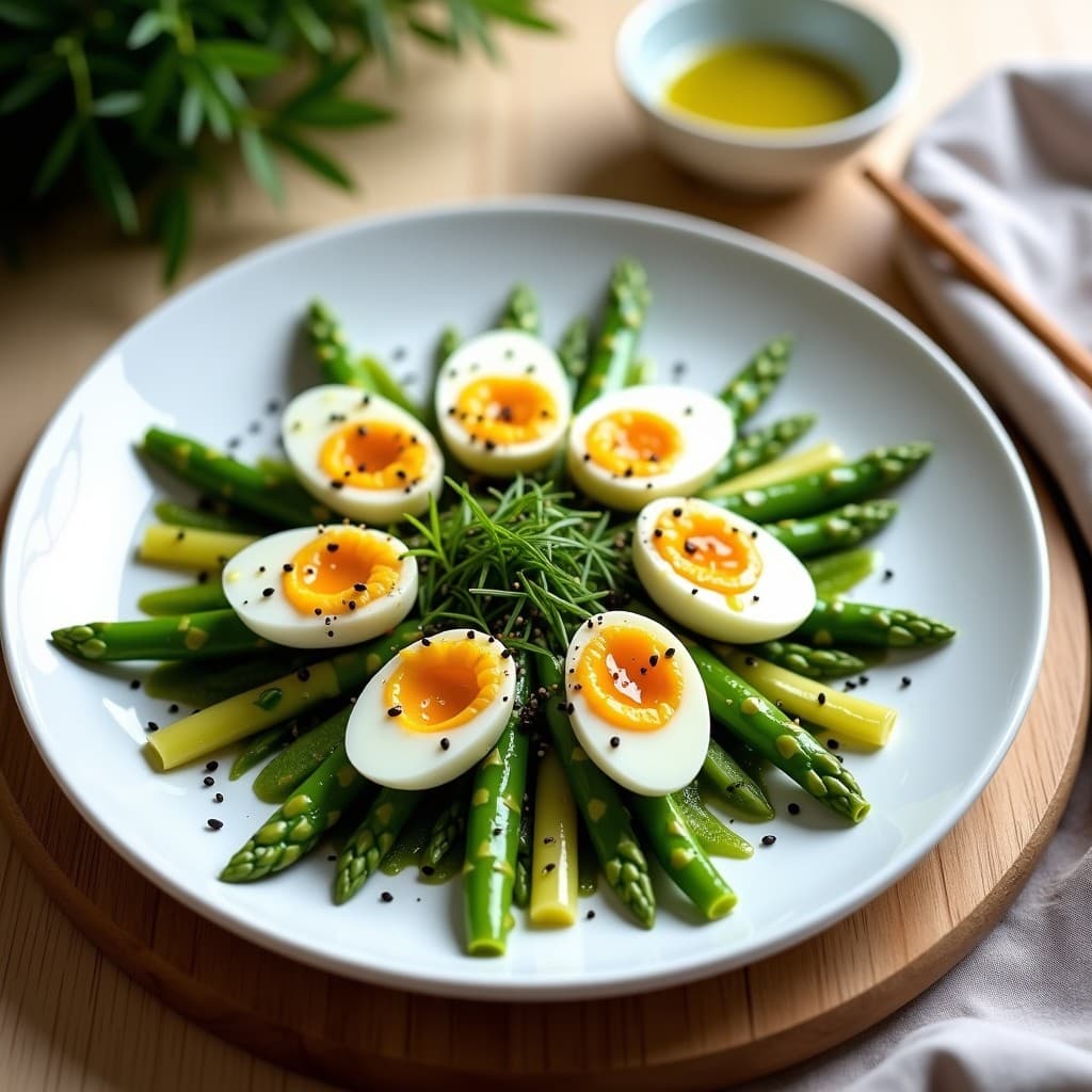 Ensalada tibia japonesa con espárragos trigueros verdes brillantes, huevos de codorniz pelados y cortados por la mitad mostrando yemas cremosas, bañados en una vinagreta dorada de wasabi. Decorada con semillas de sésamo negro y cebollino picado, servida en un plato blanco de cerámica con fondo de madera clara.
