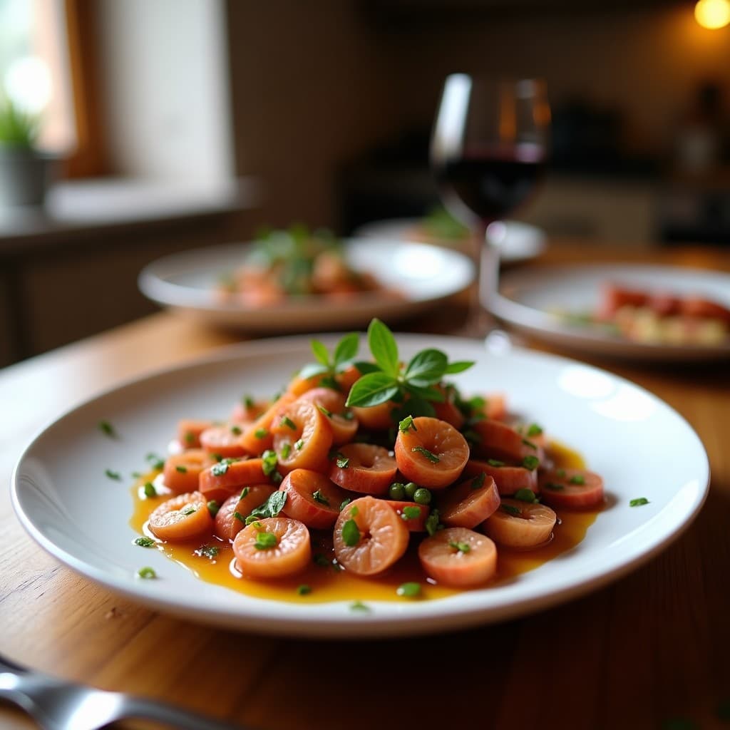 Ensalada tibia de espárragos morados con aderezo brillante de vinagre de frambuesa, decorada con almendras tostadas, queso de cabra desmenuzado, brotes de alfalfa y cebollino fresco, servida en plato blanco sobre fondo rústico de madera.