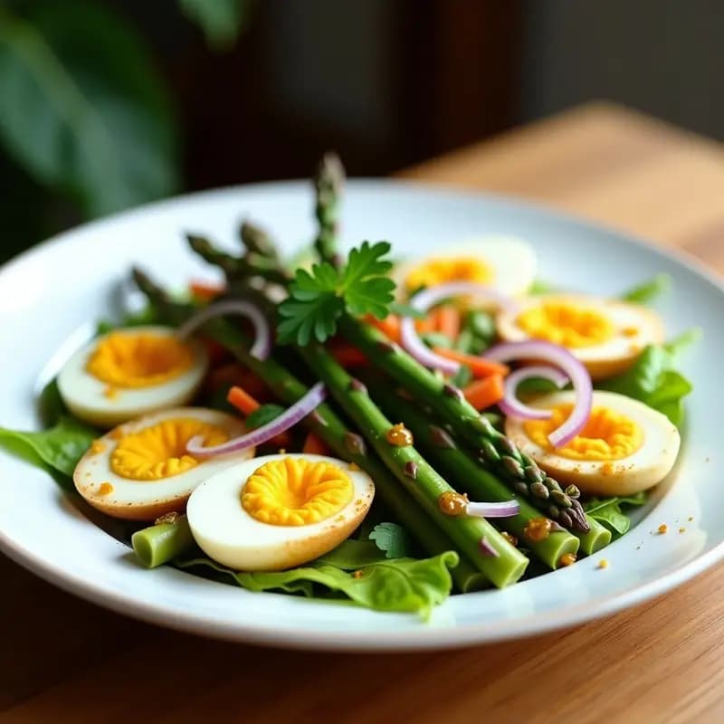 Ensalada tibia de espárragos verdes y huevos escabechados con vinagreta de mostaza servida en plato blanco hondo, con espárragos al dente, huevos dorados cortados en cuartos, cebolla morada en juliana y perejil fresco, bañada en una vinagreta amarilla brillante.