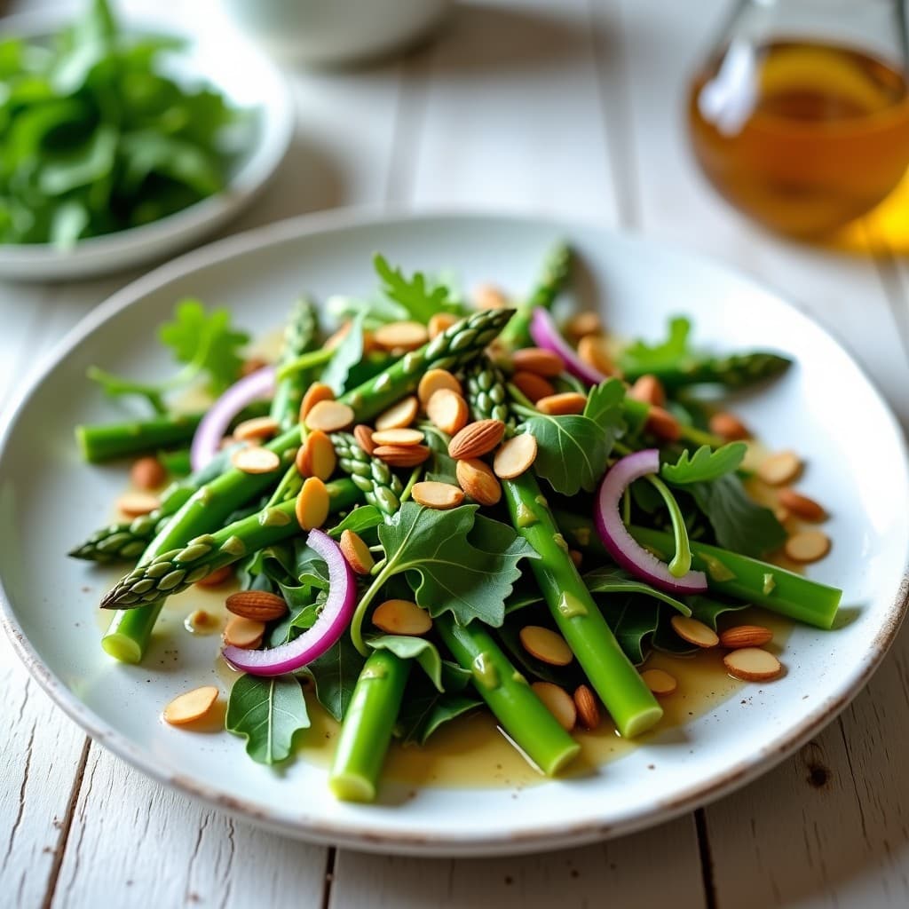 Ensalada fresca de espárragos trigueros verdes cortados en trozos, rúcula morada, cebolla morada en juliana y almendras fileteadas, bañada con una vinagreta dorada de mostaza y miel. Plato blanco rústico sobre fondo de madera clara con luz natural.