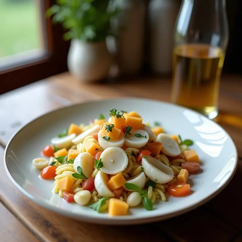 Ensalada tibia de espárragos trigueros salteados con yogur de soja cremoso, almendras tostadas laminadas y hinojo fresco sobre base de rúcula, servida en plato blanco rústico.