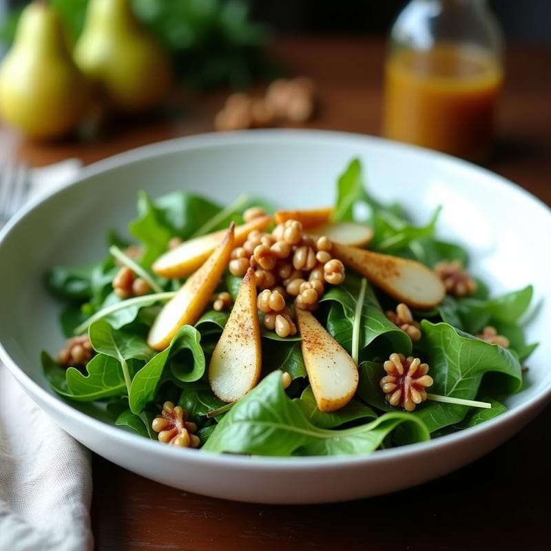 Ensalada fresca de hojas verdes con gajos de pera dorada, nueces tostadas y un toque de espirulina en polvo, acompañada de una vinagreta brillante de vinagre de sidra. Plato crudivegano y superfood listo para servir.