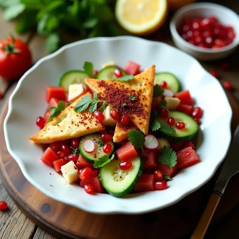 Ensalada fattoush vegana en plato de cerámica blanca con pan árabe tostado dorado, tomates rojos, pepino verde, rábanos, granada y hierbas libanesas frescas, decorada con sumac y limón confitado.