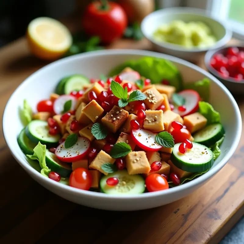 Ensalada Fatush libanesa en plato de cerámica blanca, con verduras frescas (pepino, tomate cherry, rábanos y apio) mezcladas con semillas de granado rojas brillantes, decorada con semillas de sésamo tostadas y perejil. El plato está rodeado de ingredientes como limones, sumac y aceite de oliva, destacando los colores vibrantes y la textura crujiente de los vegetales.