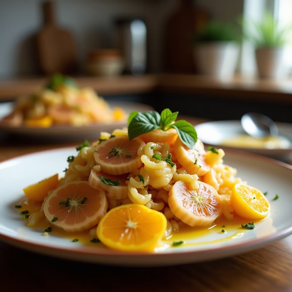 Ensalada turca fresca en bol de cerámica blanca con fenogreco verde brillante, gajos de naranja sanguina, aceitunas negras y almendras fileteadas. Vinagreta dorada de miel brillando sobre los ingredientes, decorada con perejil fresco y pimienta de Alepo.