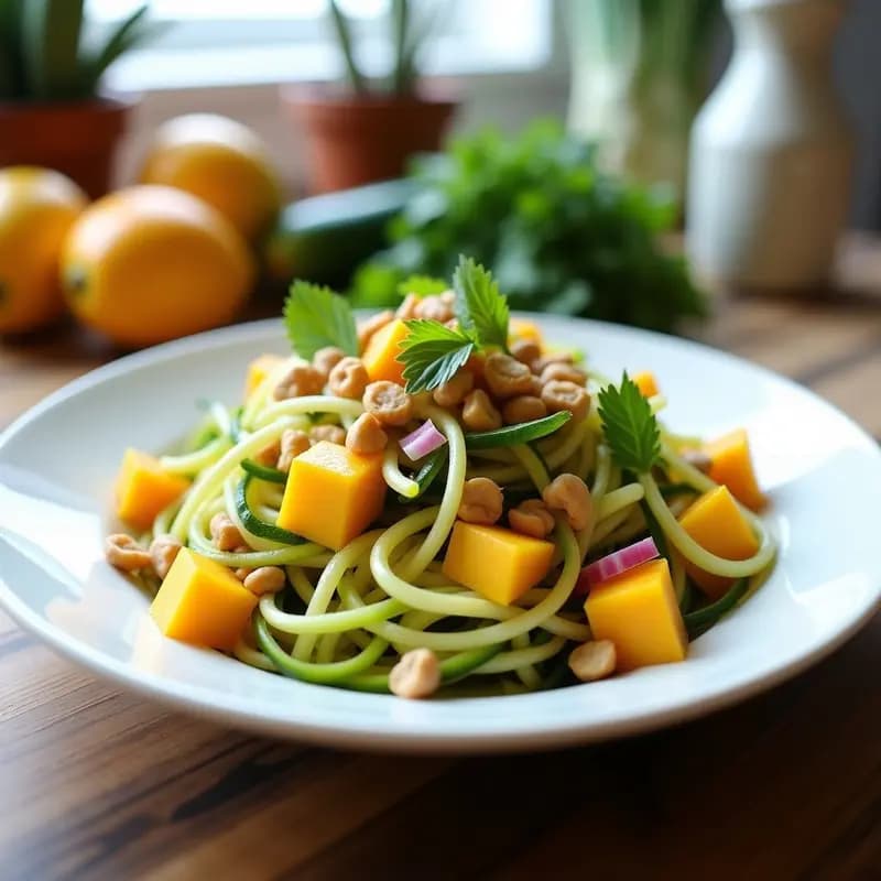 Ensalada fresca de fideos de calabacín crudos con trozos de mango maduro, chili rojo picado, cebolla morada, cilantro y menta. Bañada en vinagreta dorada y decorada con cacahuetes tostados, servida en un plato blanco sobre fondo rústico.
