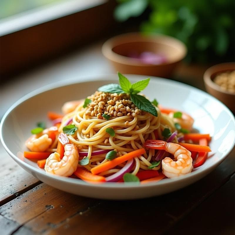 Ensalada de Fideos de Arroz y Langostinos: Receta Tailandesa con Aderezo de Tamarindo en Thermomix