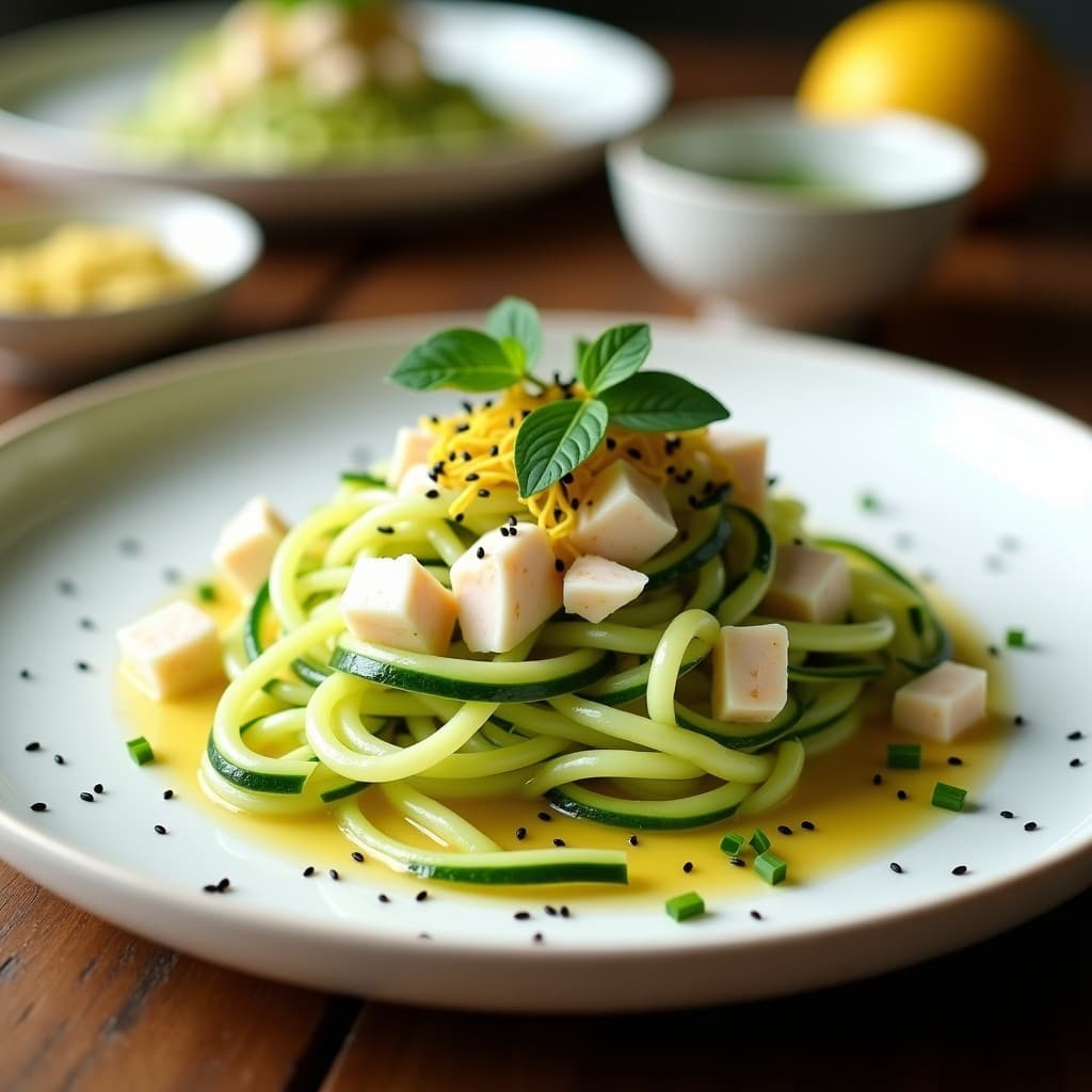 Ensalada japonesa fresca de fideos de calabacín espiralizados, trozos de cangrejo blanco y semillas de sésamo negro, bañada en vinagreta de yuzu, servida en un plato de cerámica blanca con hojas de shiso y cebollino.