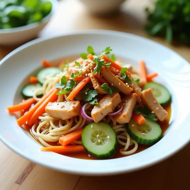 Ensalada fresca de fideos de konjac con pollo teriyaki glaseado, zanahoria, pepino y cebolla morada en rodajas, espolvoreada con semillas de sésamo. Plato low carb japonés listo para servir en bol blanco.