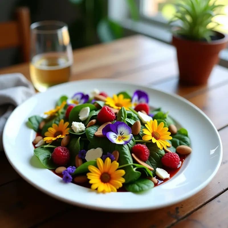 Plato blanco ovalado con ensalada de flores comestibles (caléndula y pensamiento) sobre base de espinaca baby y rúcula, decorada con frambuesas, almendras fileteadas y queso fresco desmenuzado. Vinagreta de frambuesa vertida con elegancia, resaltando los colores vibrantes de la receta gourmet sin cocinar.