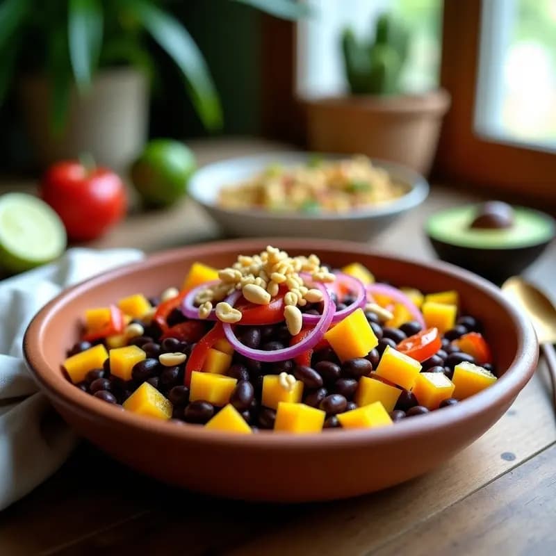 Ensalada colorida en bol de madera con frijoles negros brasileños, cubos de mango dorado, cebolla morada, pimiento rojo y nueces de cajú tostadas, bañada en aderezo dorado de dendê y naranja, decorada con semillas de sésamo y cilantro fresco.