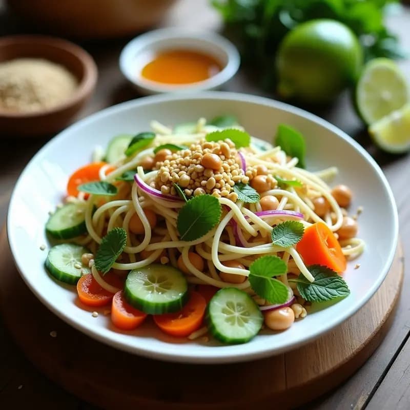 Ensalada vietnamita colorida en bol de cerámica blanca con frijoles mung verdes, zanahoria morada, pepino y hierbas frescas, bañada en aderezo dorado de limón y miel, decorada con semillas de sésamo negro.