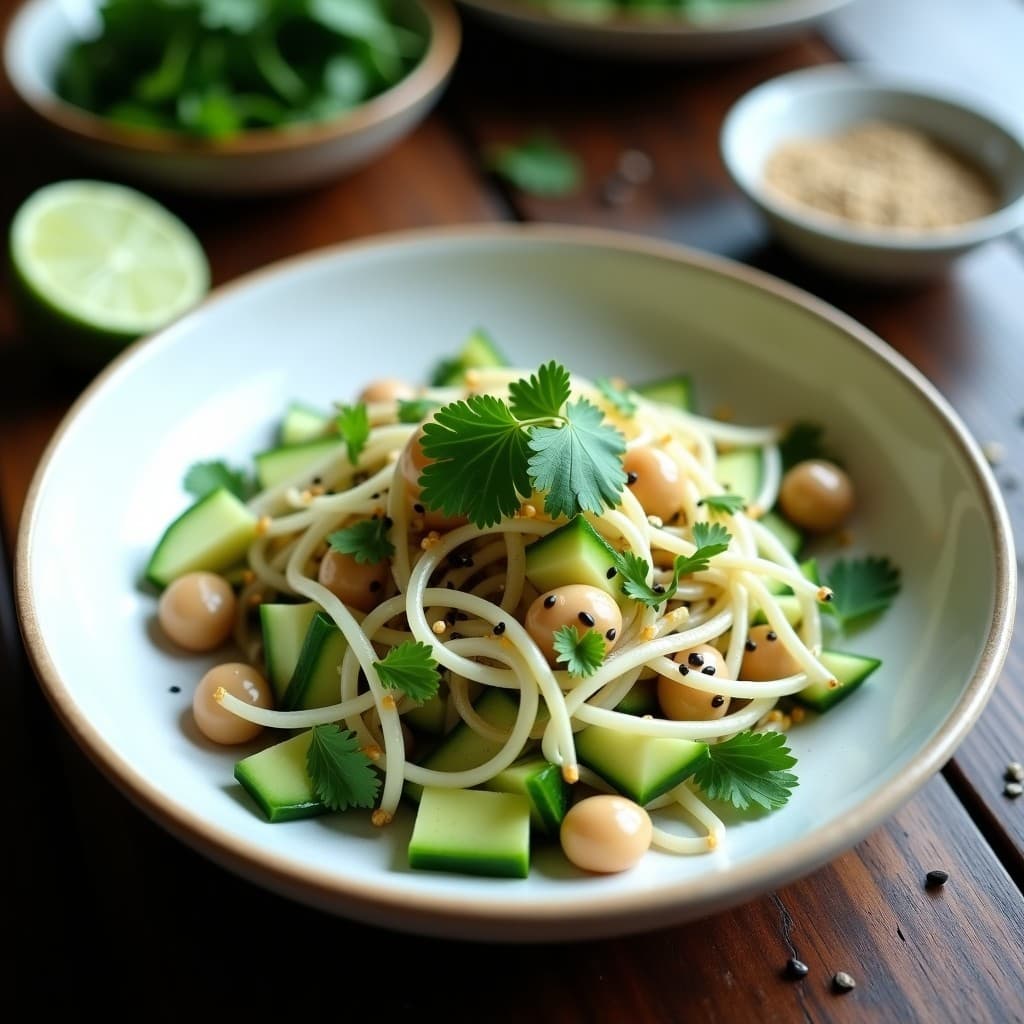 Ensalada tailandesa vegana fresca con frijoles mung germinados, pepino en juliana, cebolla morada, cilantro y semillas de sésamo, bañada en vinagreta de limón kaffir, servida en un bol de cerámica blanca sobre fondo rústico.