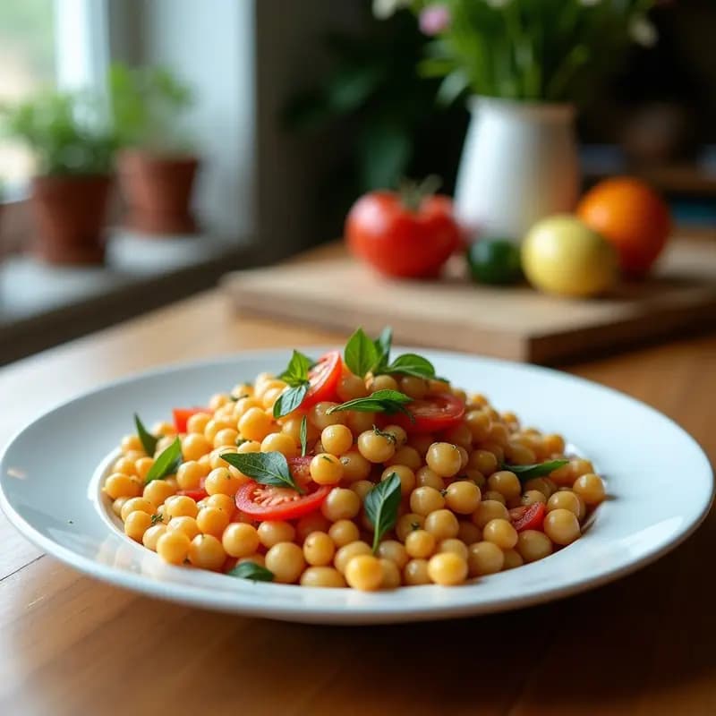 Ensaladainar de Garbanzos y Atún con Ventresca servida en un bol de barro rústico, con garbanzos dorados, trozos de ventresca de atún y atún claro, pimiento rojo asado en tiras, cebolla morada picada, aceitunas negras y perejil fresco espolvoreado. Semillas de sésamo tostadas decoran el plato, que brilla con un hilo de aceite de oliva virgen extra. Fondo neutro con textura de madera para resaltar los colores vibrantes de la ensalada española alta en Omega-3.