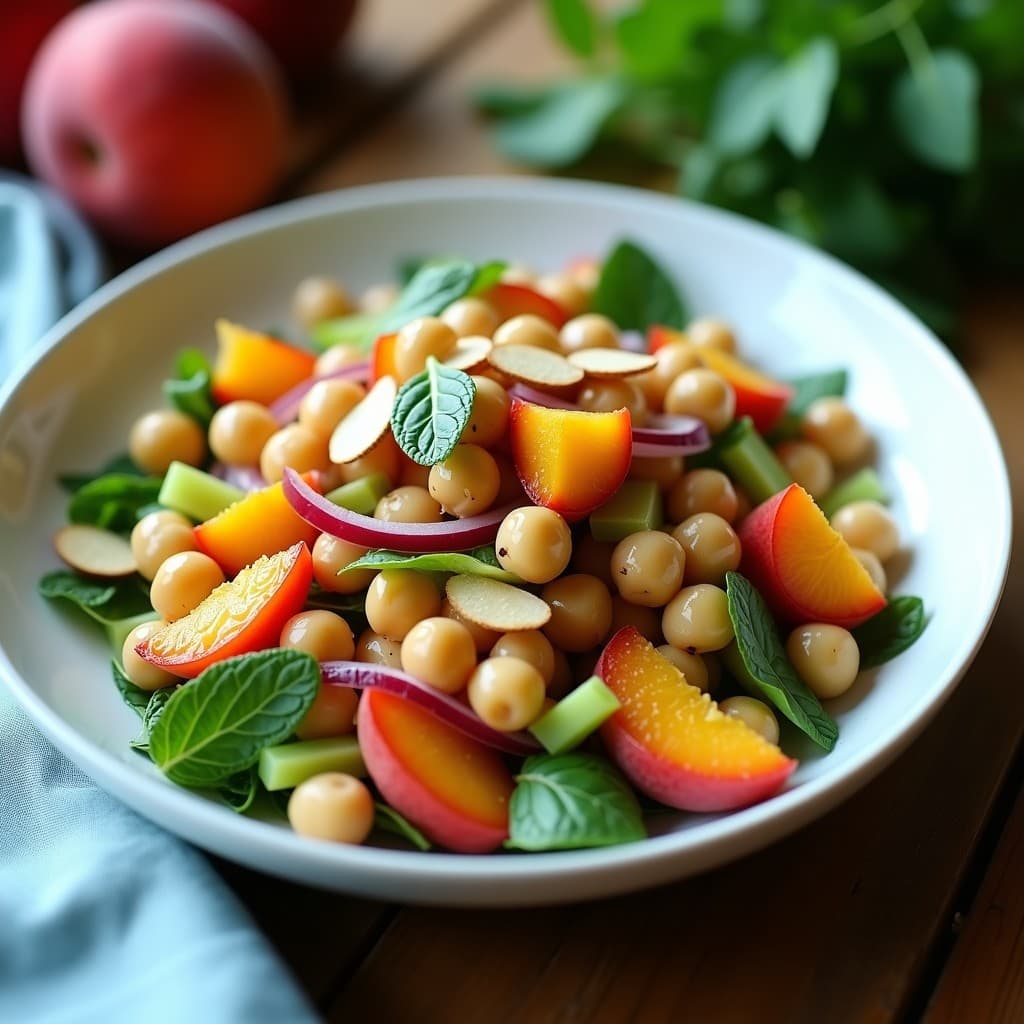 Ensalada fría en bol blanco con garbanzos, cubos de melocotón dorado, cebolla morada, pimiento rojo asado, apio y almendras tostadas, bañada en vinagreta de vinagre de Módena, decorada con hojas de menta y rúcula fresca. Receta veraniega sin gluten.
