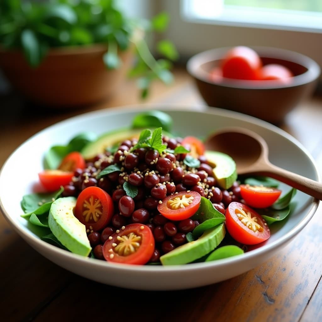 Ensalada colorida en un plato hondo de cerámica blanca: granos de caoba oscuros, aguacate en cubos, pimiento rojo asado en tiras y tomates cherry sobre hojas de espinaca baby. Vinagreta de tamarindo brillante y semillas de sésamo tostado como decoración. Receta peruana antioxidante.