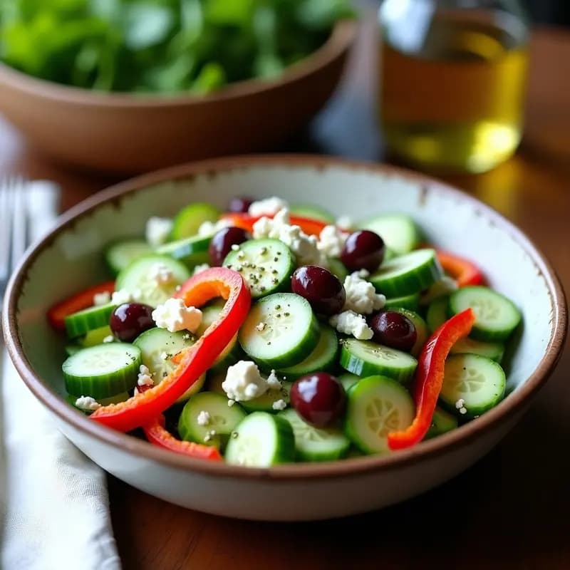 Ensalada griega keto sin lechuga en bol rústico de cerámica, con pepino, apio, pimiento asado, queso feta desmenuzado y aceitunas kalamata, aliñada con aceite de oliva y orégano.