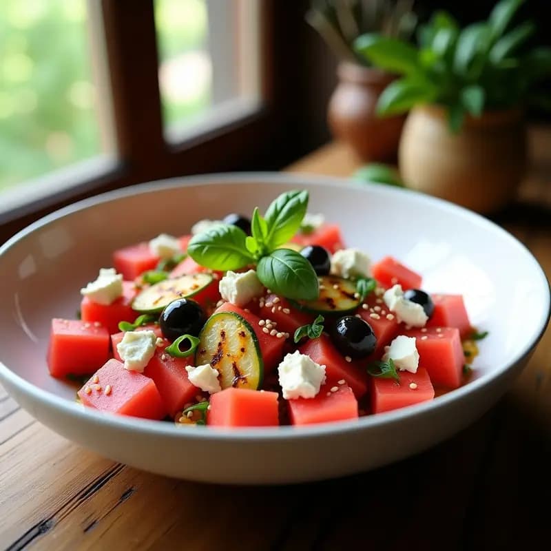 Ensalada Griega de Pepino Asado y Sandía con Queso Feta: Receta Fresca y Veraniega en 10 Minutos
