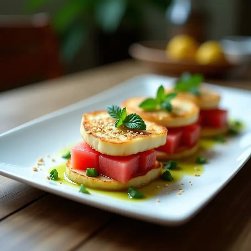 Plato rectangular de cerámica blanca con S elevate de queso Halloumi dorado al horno en capas con cubos de sandía roja fresca, bañado en vinagreta verde de menta y decorado con semillas de sésamo. Ensalada chipriota veraniega con contraste de colores y texturas.