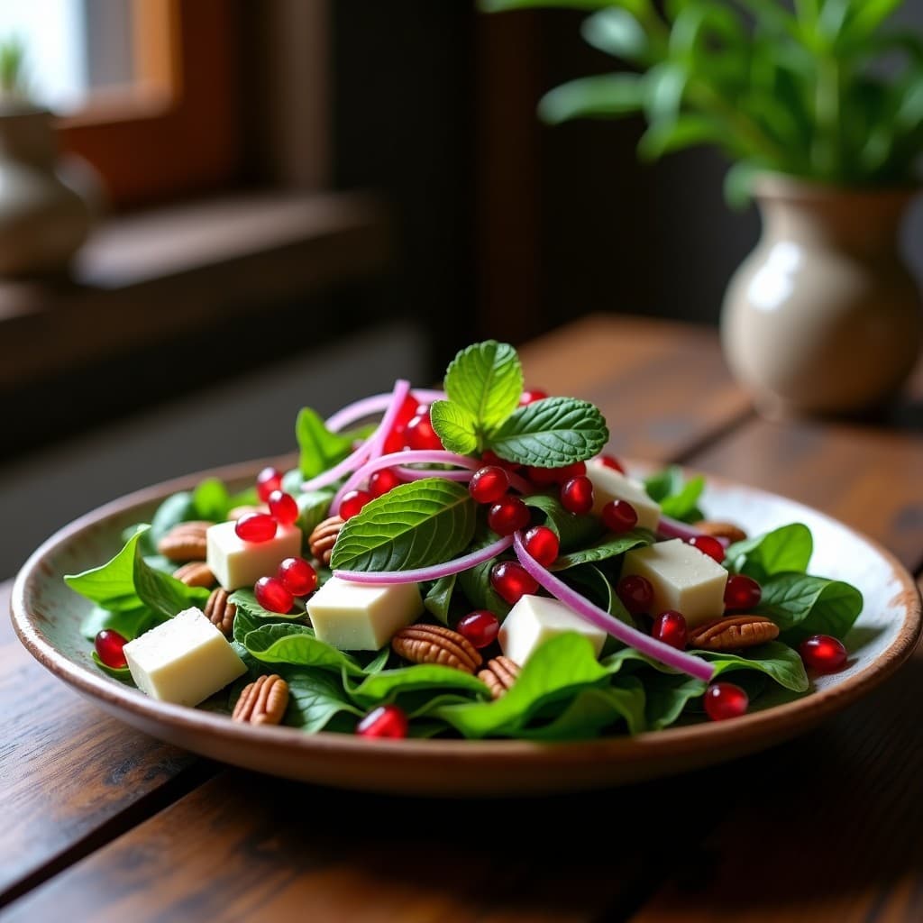 Ensalada colombiana gourmet con hojas verdes de higuerilla, trozos de queso de cabra blanco, semillas rojas de granada y nueces pecanas tostadas, bañada en vinagreta brillante. Servida en plato de cerámica rústica sobre fondo de madera.