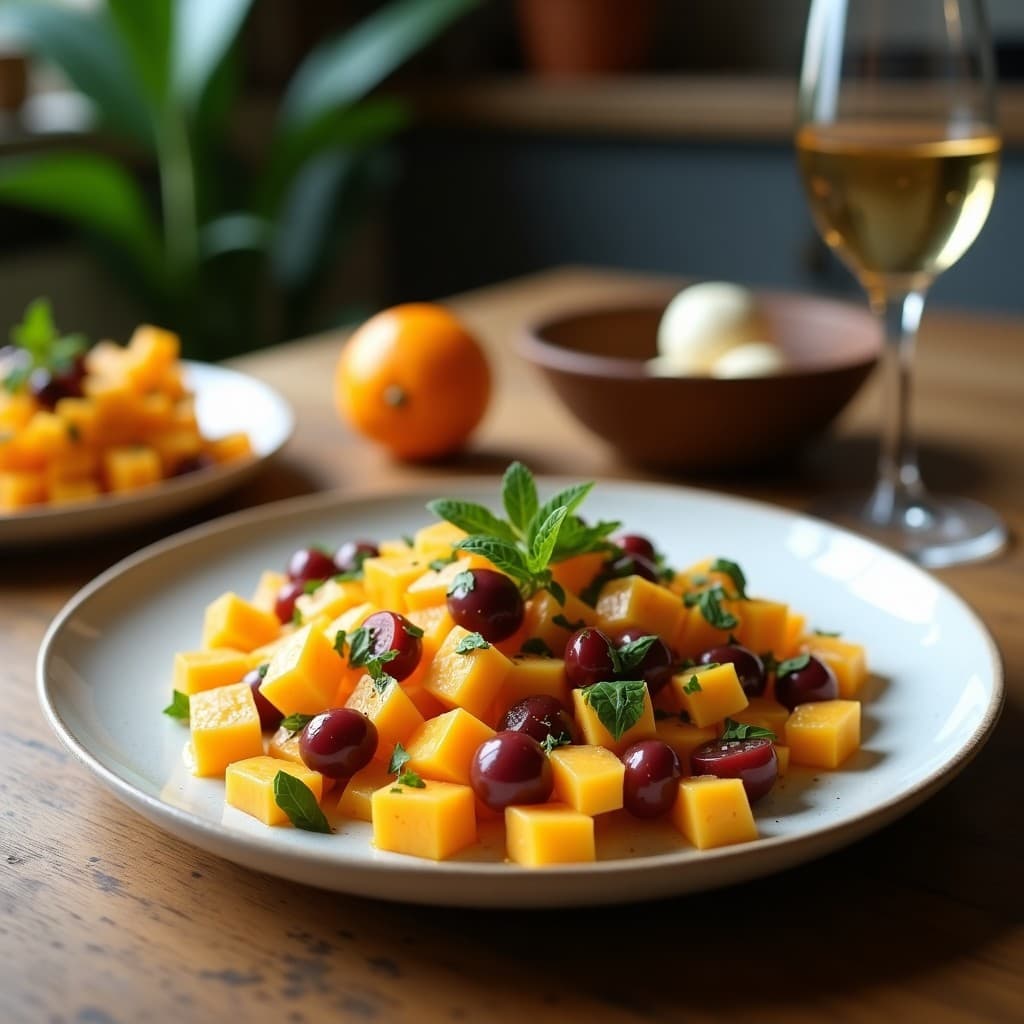Ensalada fresca griega con hinojo en juliana, gajos de naranja sanguina, aceitunas kalamata negras, rúcula baby y almendras tostadas, servida en un plato blanco rústico con vinagreta dorada y hojas de menta como decoración.