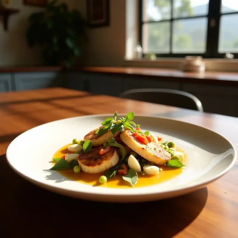 Ensalada alemana con láminas de hongos selváticos frescos, hojas de espinaca baby y rúcula, trozos de manzana Fuji, nueces pecanas tostadas y vinagreta de mostaza y miel, servida en un plato blanco rústico sobre fondo de madera.