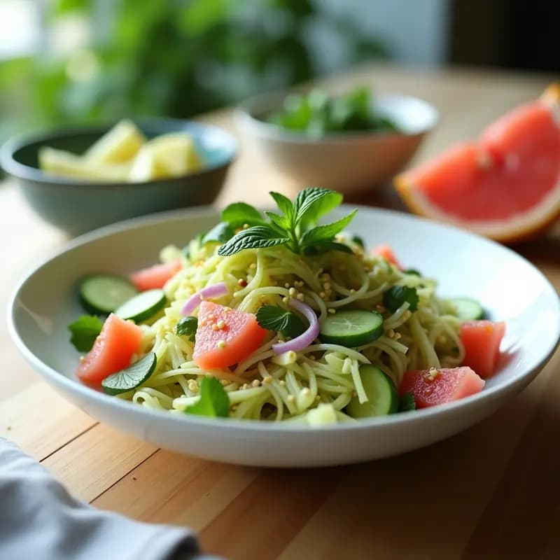 Ensalada fresca de jackfruit verde desmenuzado y gajos de pomelo rosa en un bol blanco, con rodajas de pepino, cebolla morada y semillas de sésamo. Aderezo verde de cilantro vertido por encima, decorado con hojas de menta. Plato vegano keto con texturas crujientes y colores vibrantes.
