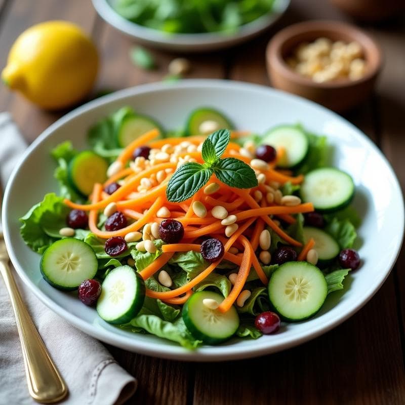 Ensalada fresca y colorida en un bol blanco con lechuga romana, rodajas de pepino, zanahoria rallada y trozos de ciruela pasa, decorada con nueces de macadamia picadas y hojas de menta. La vinagreta cremosa de macadamia y limón brilla sobre los ingredientes, dando un aspecto jugoso y apetecible. Receta vegana y cruda de ensalada de Kakadu.