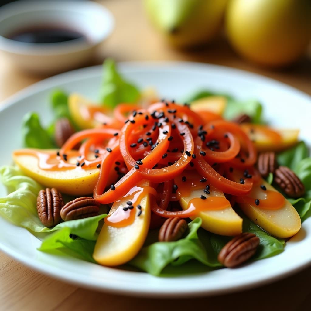 Ensalada vibrante de kakdugi coreano con rodajas de rabanito en escabeche rojo, cubos de pera amarilla, nueces pecanas tostadas y semillas de sésamo sobre hojas de lechuga romana, servida en un plato blanco con aderezo brillante.