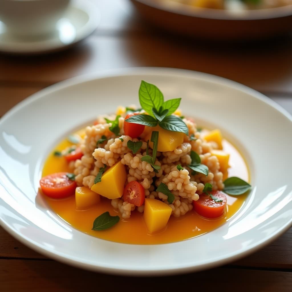 Ensalada fresca de kaniwa dorada y hinojo en juliana, con gajos de naranja sanguina y semillas de sésamo, bañada en vinagreta brillante. Plato boliviano detox servido en bowl de cerámica blanca sobre fondo rústico.