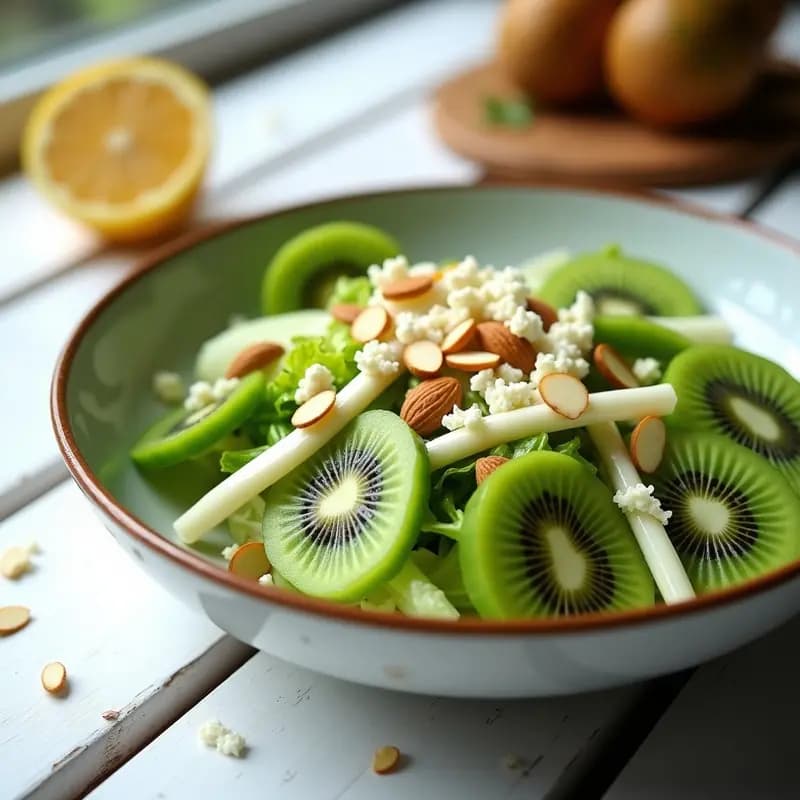 Ensalada fresca de kiwi verde en rodajas, espárragos blancos troceados y lechuga romana, con vinagreta de vinagre de manzana, almendras fileteadas y queso fresco desmenuzado. Plato colorido y apetitoso sobre fondo blanco.