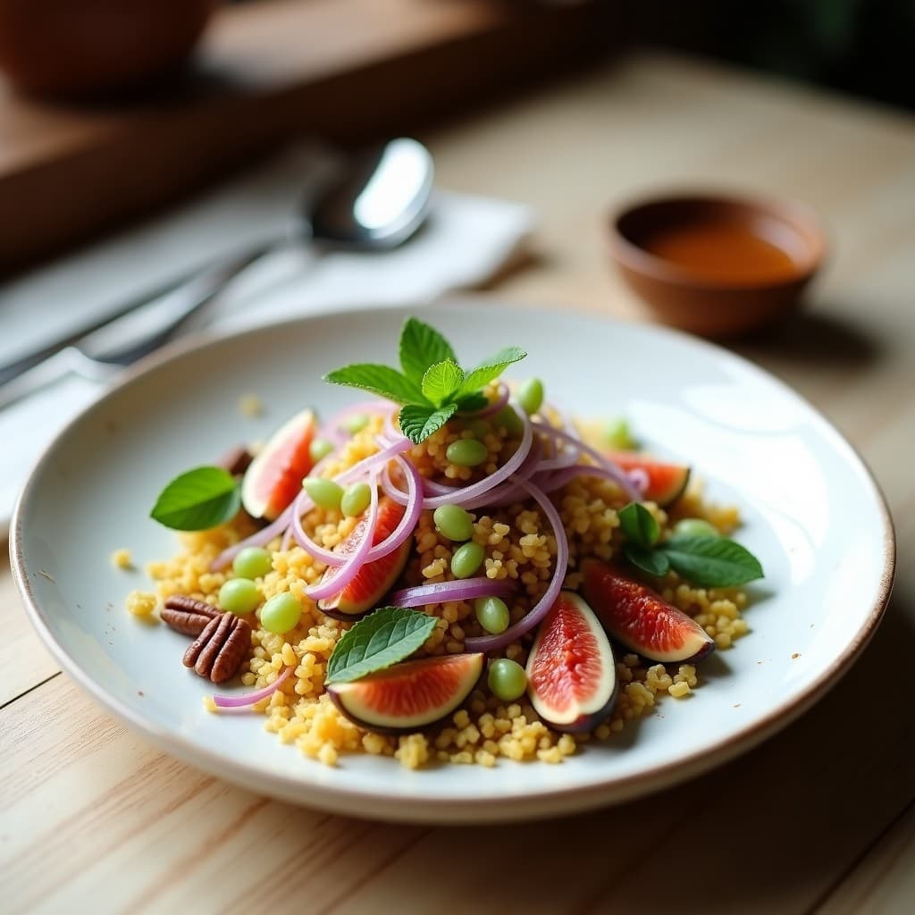 Ensalada andina gourmet en bol de barro con kiwicha cocida, higos frescos en cuartos, nueces pecanas tostadas y perejil. Vinagreta dorada de miel de ulmo brillando sobre los ingredientes, fondo rústico con texturas naturales.
