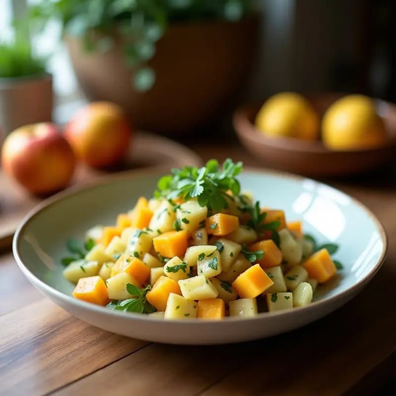 Ensalada fresca de kolrabi y manzana verde en juliana fina, con almendras fileteadas y cebollino picado, servida en un bol blanco sobre fondo rústico. Aliñada con vinagreta dorada de mostaza y miel, receta alemana sin gluten.
