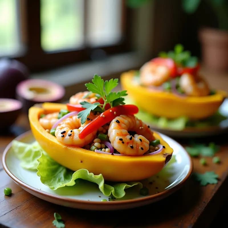 Ensalada vibrante de langostinos cocidos, pulpa de maracuyá amarilla, lechuga romana, cebolla morada y pimiento rojo, servida en cáscaras de maracuyá con vinagreta de ajonjolí y sésamo tostado espolvoreado. Receta fusion peruano-asiática lista en 15 minutos.