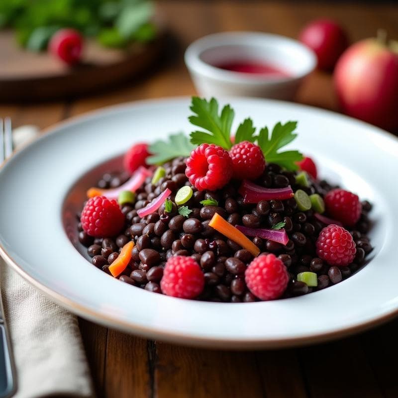 Ensalada fresca de lentejas beluga negras con arándanos rojos secos, cebolla morada, apio y zanahoria en juliana, bañada en vinagreta de frambuesa rosada. Decorada con perejil fresco y almendras fileteadas sobre un plato blanco rústico.