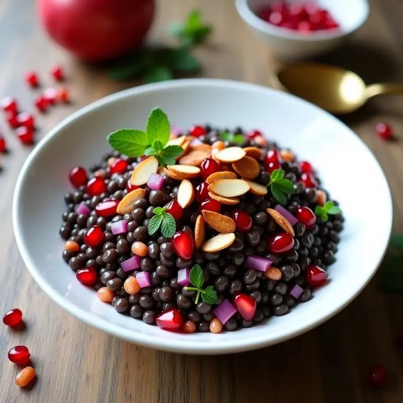 Ensalada fría de lentejas beluga negras con granos de granada rojos brillantes, cebolla morada, perejil verde y almendras tostadas, servida en un bol blanco con aderezo de granado vertido por encima. Receta iraní sin cocinar.
